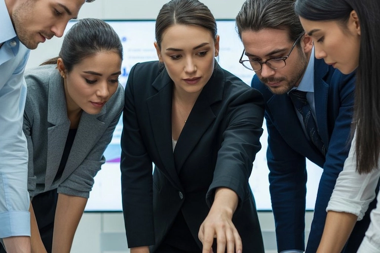 Líder con su equipo trabajando en un objetivo común.